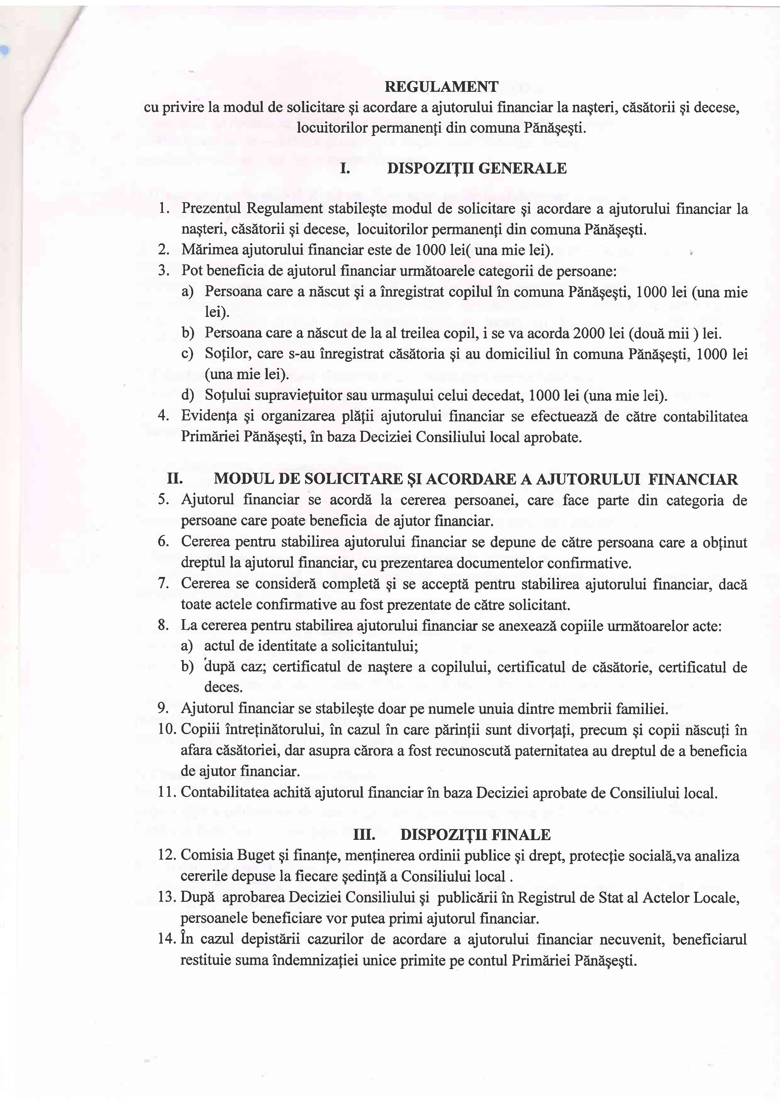 Regulament ajutor financiar nasteri, decese, casatorii